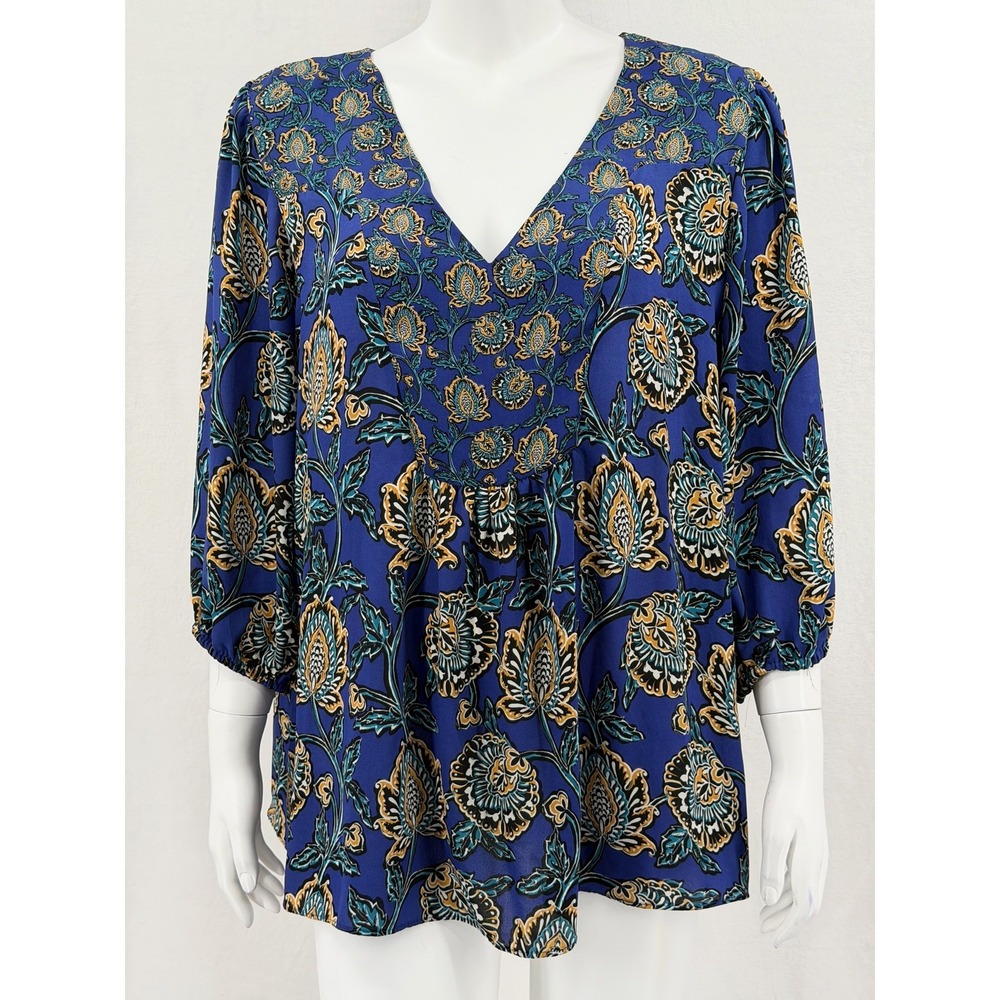 Rose + Olive Top Womens 2X Blue Floral Boho Sheer Peasant V-Neck Office Flowy